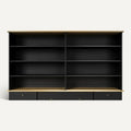 **Technische titel in het Nederlands: Moderne zwarte boekenkast met houten afwerking en lades**