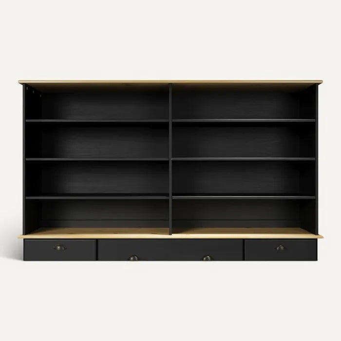 **Technische titel in het Nederlands: Moderne zwarte boekenkast met houten afwerking en lades**