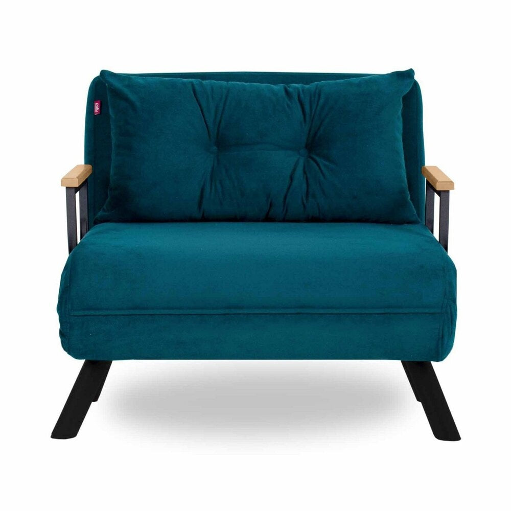 **Technische titel in het Nederlands:** Multifunctionele teal fauteuil met kussen en metalen frame