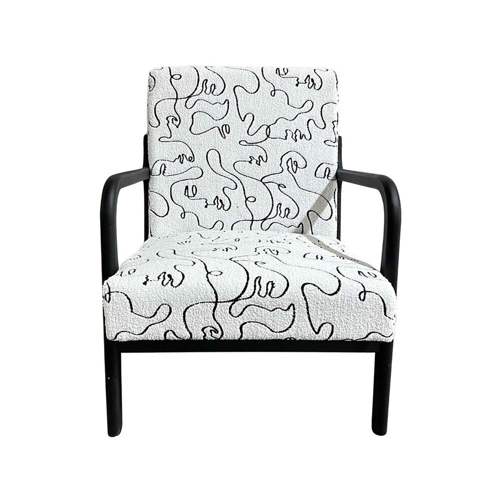 **Technische titel in het Nederlands:** Moderne fauteuil met grafisch ontworpen stof en zwarte houten frame